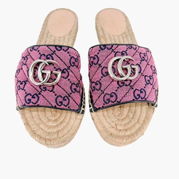 Gucci GG Espadrille Mule Sandal EU 37.5 US 7.5 Pink Purple Monogram Canvas Slide - Picture 2 of 9